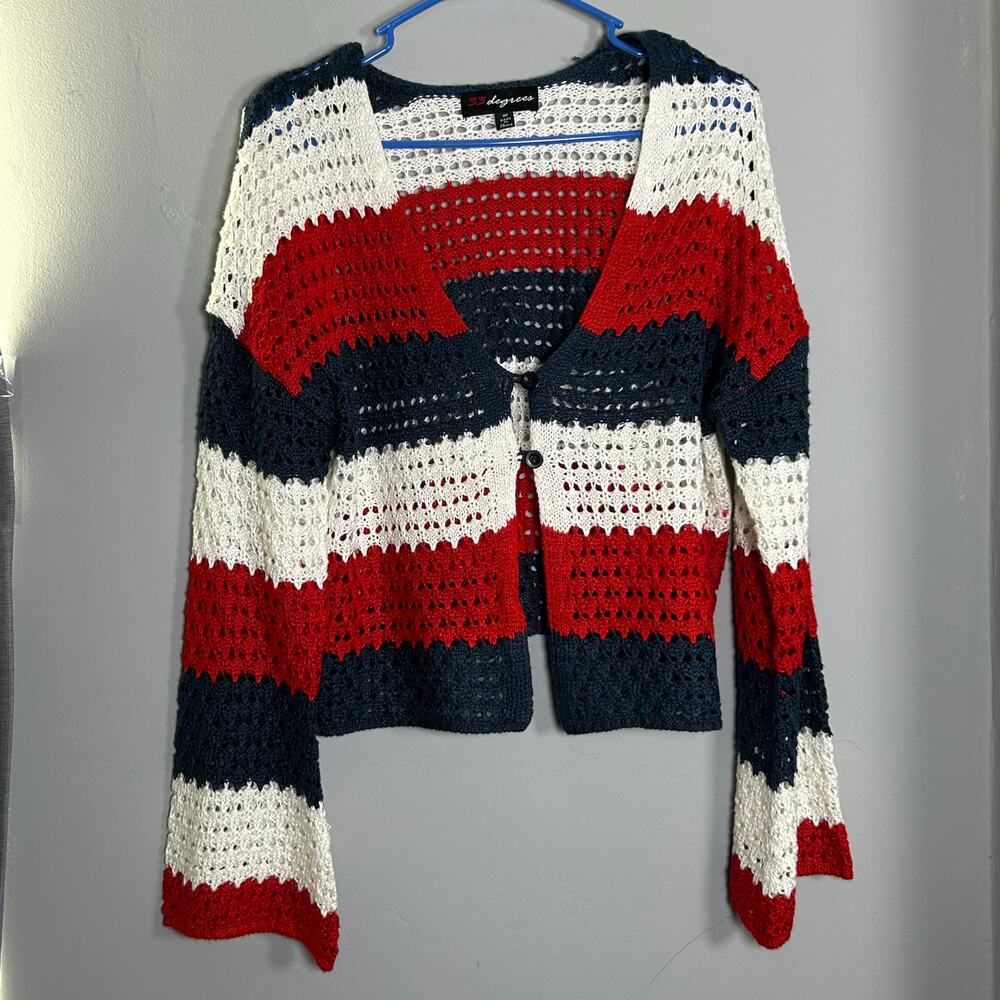 33 Degrees Americana Crochet Cardigan Women M Red White Blue Stripe Bell Sleeve